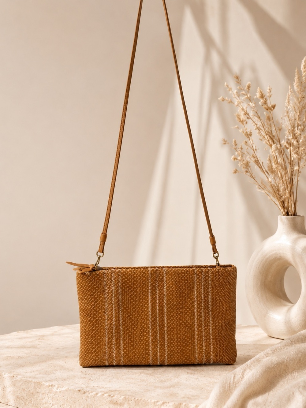 VTG Clemente Genuine Snakeskin Leather Crossbody Clutch Tan Camel Shoulder Bag